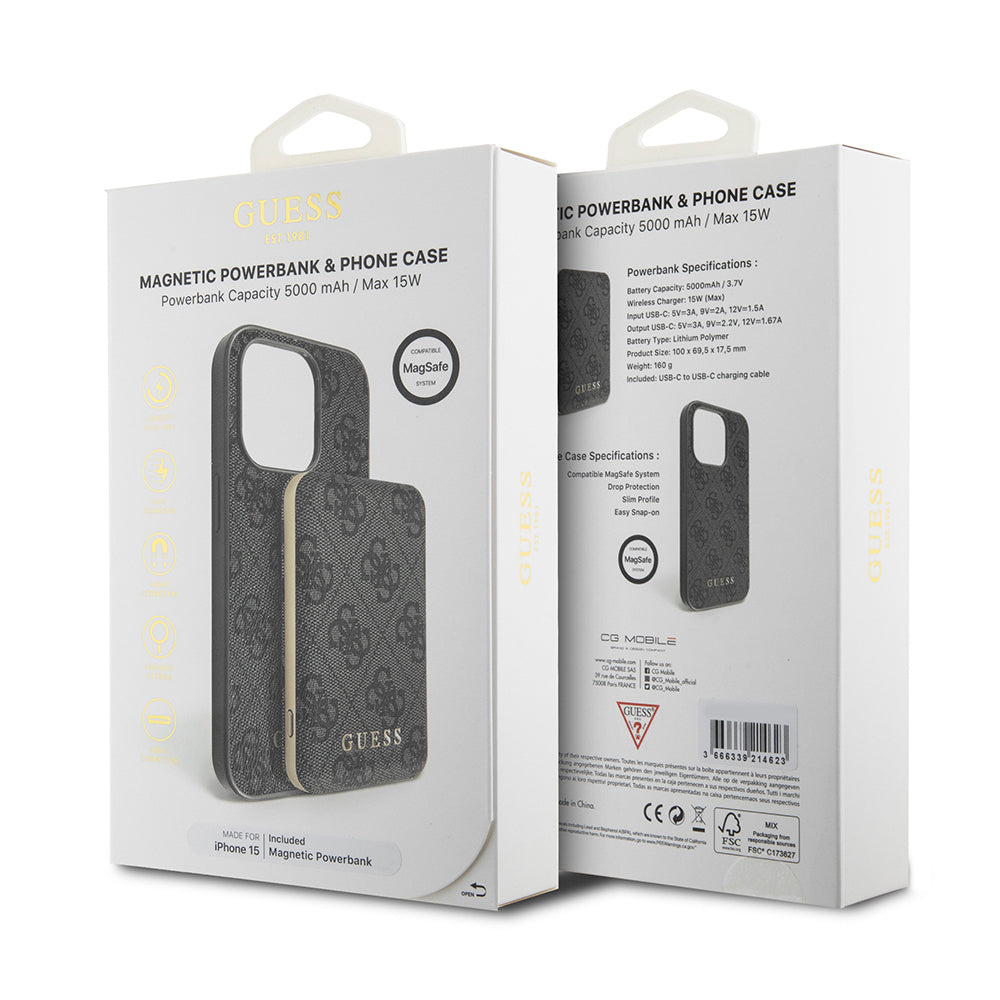 MagSafe futrola za Apple iPhone 15, Guess, Powerbank 4G Metal Logo, Crna