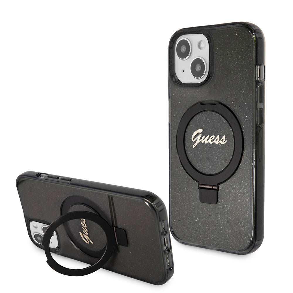 Futrola MagSafe za Apple iPhone 15, Guess, Ring Stand Script Glitter, Crna