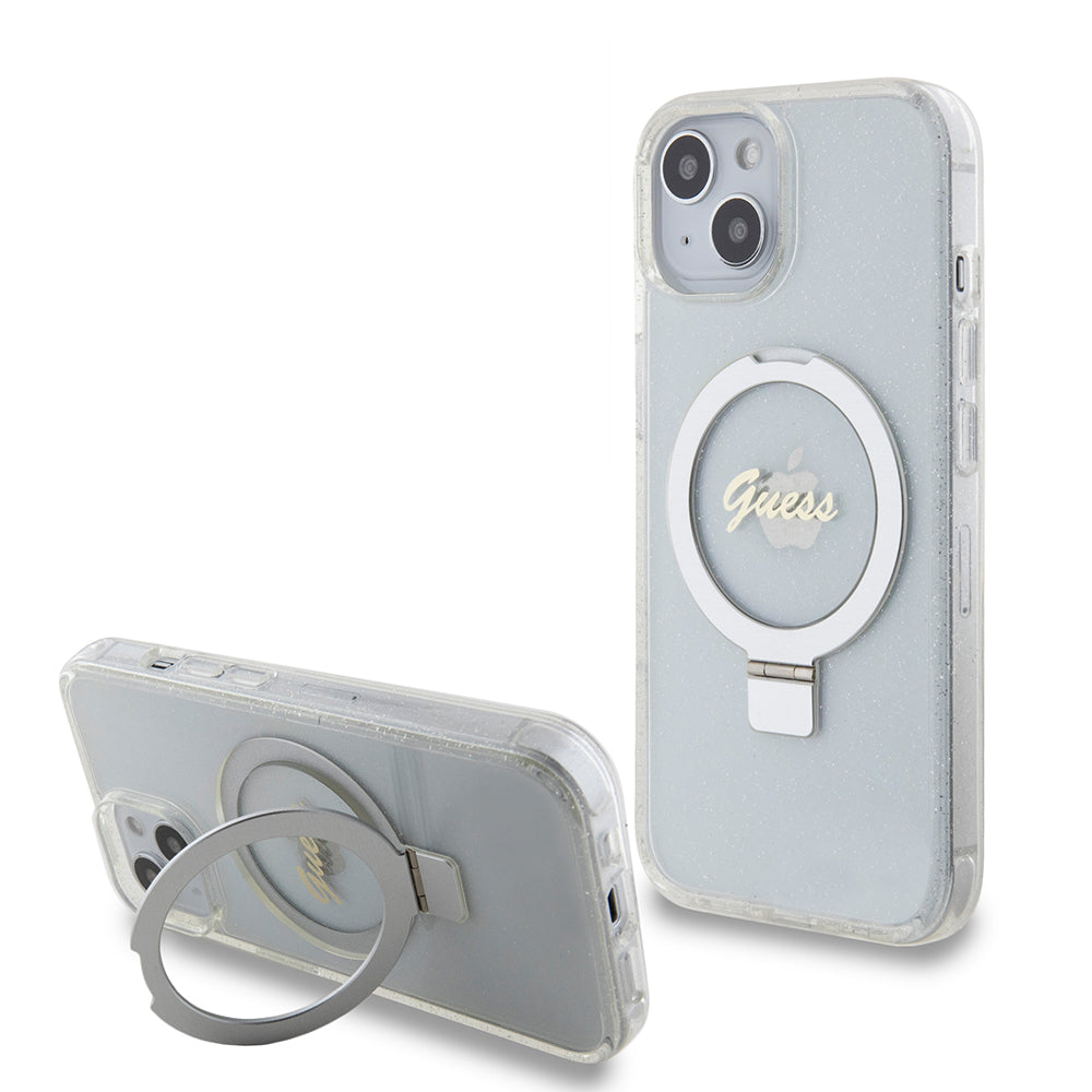 Futrola MagSafe za Apple iPhone 15, Guess, Ring Stand Script Glitter, Prozirna