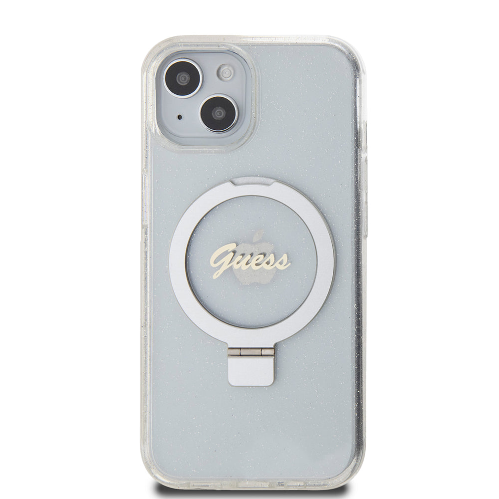 Futrola MagSafe za Apple iPhone 15, Guess, Ring Stand Script Glitter, Prozirna