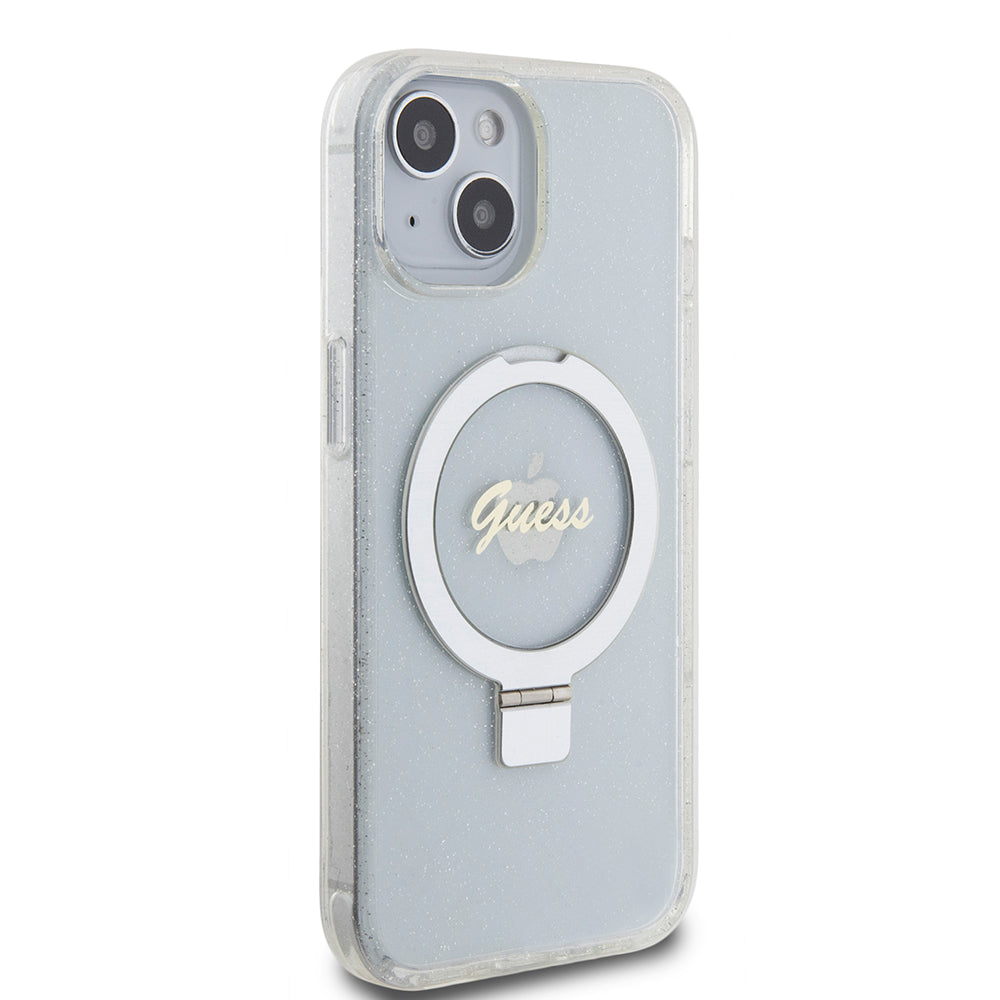 Futrola MagSafe za Apple iPhone 15, Guess, Ring Stand Script Glitter, Prozirna