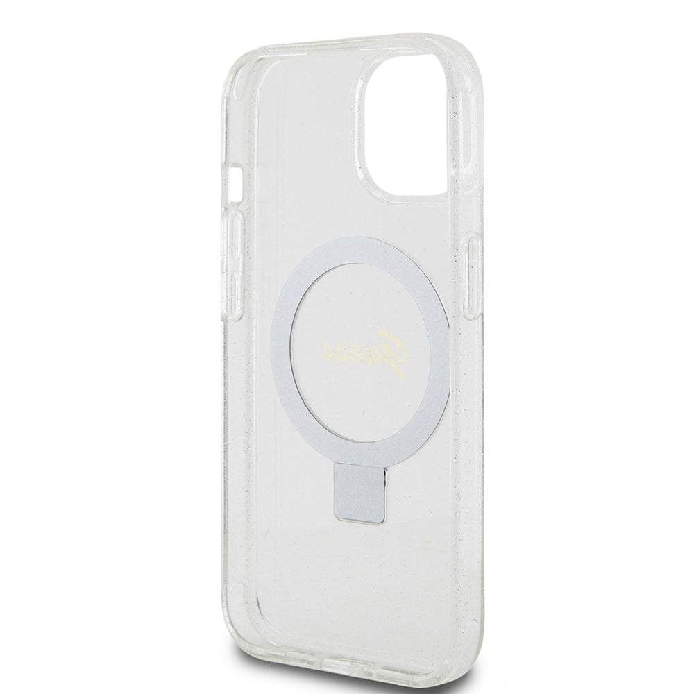 Futrola MagSafe za Apple iPhone 15, Guess, Ring Stand Script Glitter, Prozirna