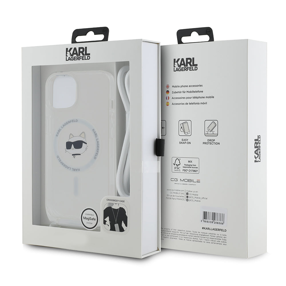 MagSafe torbica za Apple iPhone 15, Karl Lagerfeld, IML Crossbody Choupette's Head with Strap, Prozirna
