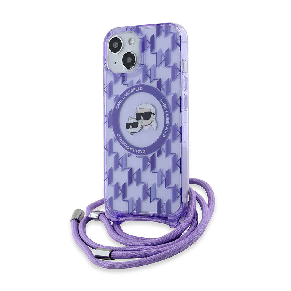 MagSafe futrola za Apple iPhone 15, Karl Lagerfeld, IML Crossbody Monogram Karl & Choupette's Heads, Ljubičasta