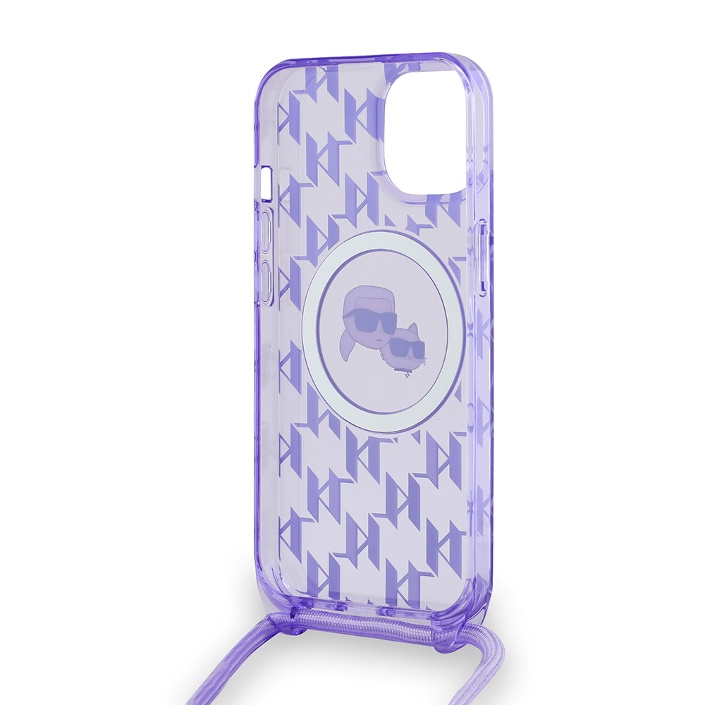 MagSafe futrola za Apple iPhone 15, Karl Lagerfeld, IML Crossbody Monogram Karl & Choupette's Heads, Ljubičasta