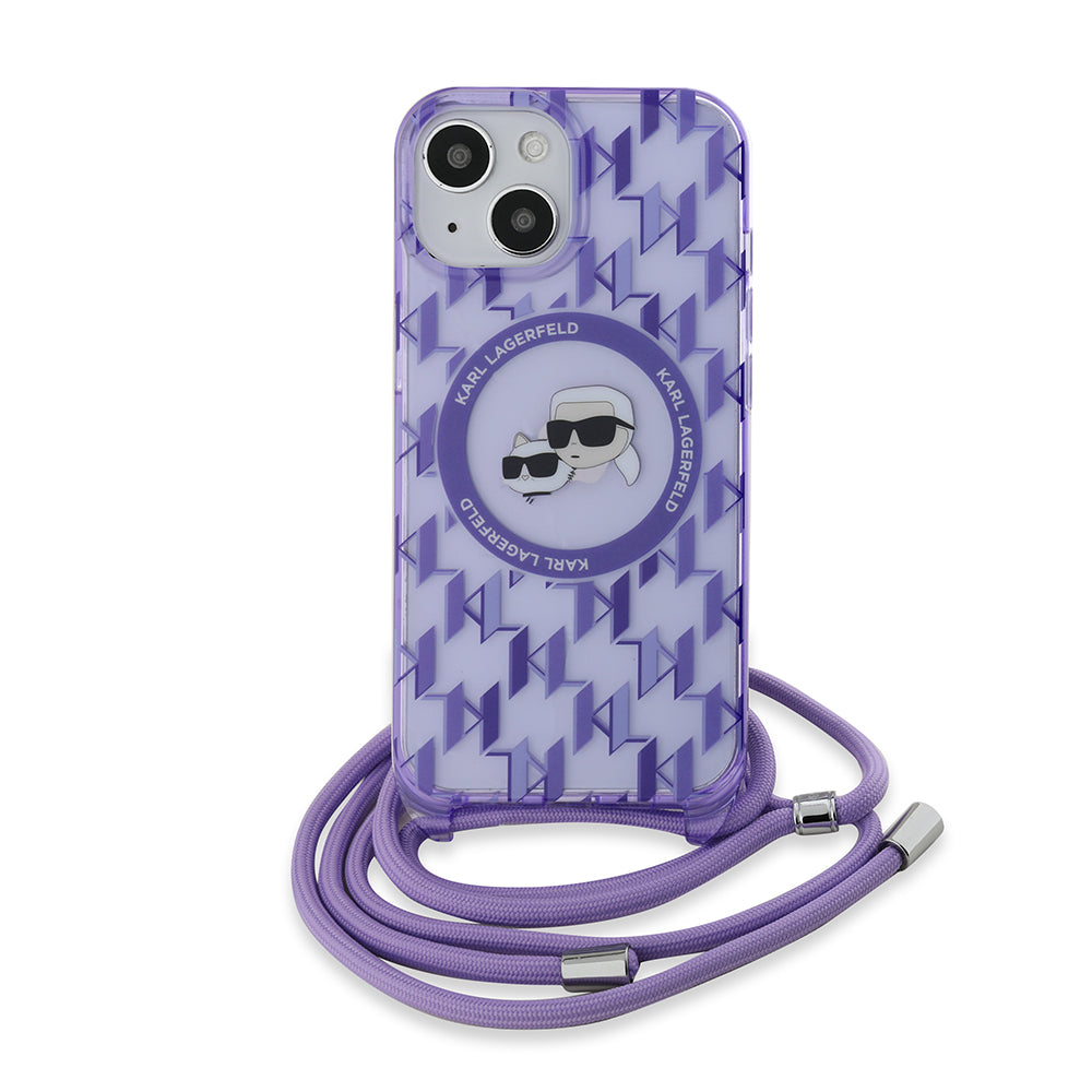 MagSafe futrola za Apple iPhone 15, Karl Lagerfeld, IML Crossbody Monogram Karl & Choupette's Heads, Ljubičasta