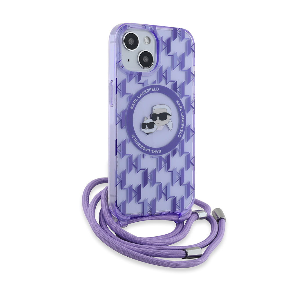 MagSafe futrola za Apple iPhone 15, Karl Lagerfeld, IML Crossbody Monogram Karl & Choupette's Heads, Ljubičasta