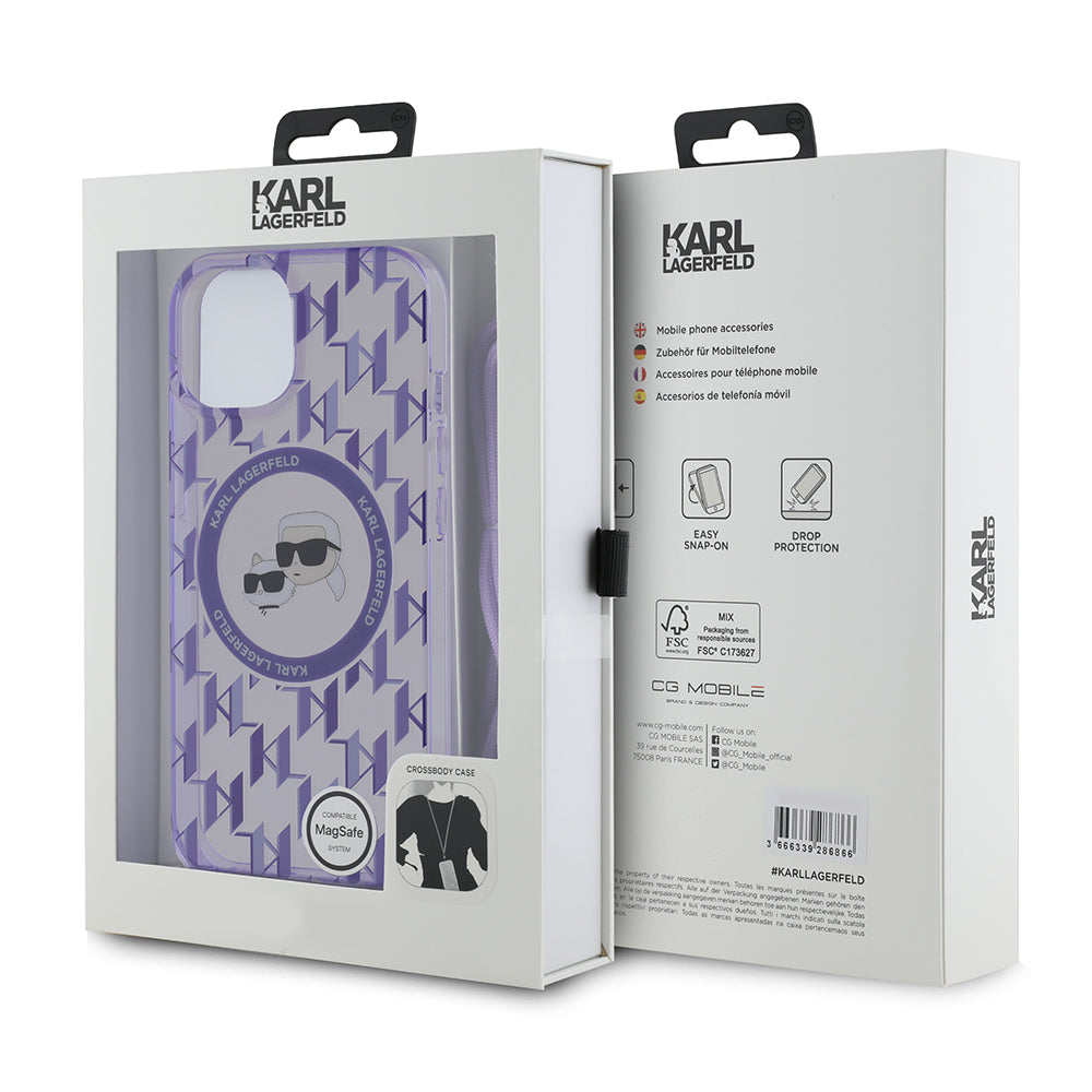 MagSafe futrola za Apple iPhone 15, Karl Lagerfeld, IML Crossbody Monogram Karl & Choupette's Heads, Ljubičasta