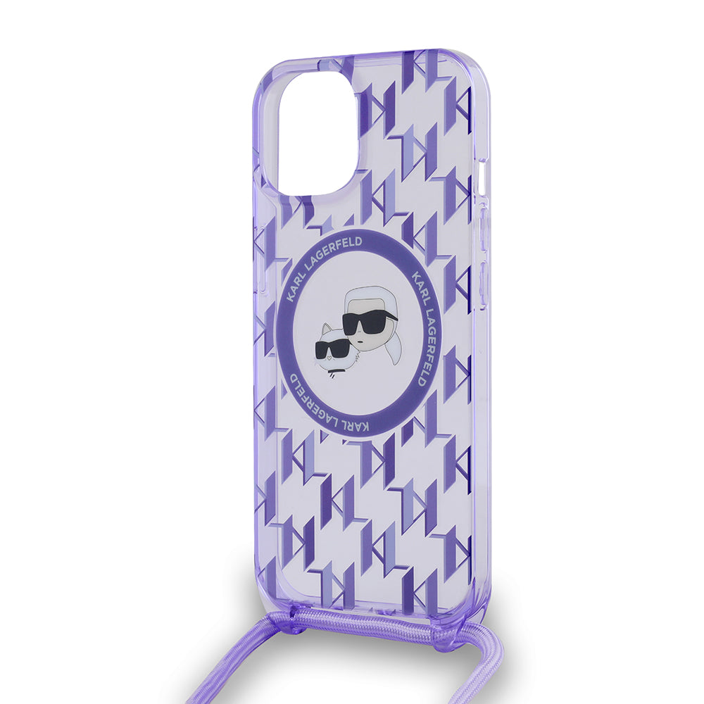 MagSafe futrola za Apple iPhone 15, Karl Lagerfeld, IML Crossbody Monogram Karl & Choupette's Heads, Ljubičasta