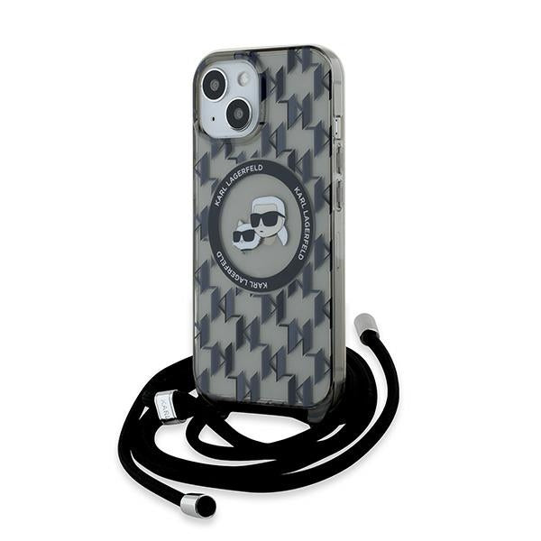 MagSafe futrola za Apple iPhone 15, Karl Lagerfeld, IML Crossbody Monogram Karl & Choupette's Heads, Crna