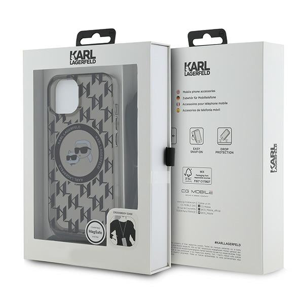 MagSafe futrola za Apple iPhone 15, Karl Lagerfeld, IML Crossbody Monogram Karl & Choupette's Heads, Crna