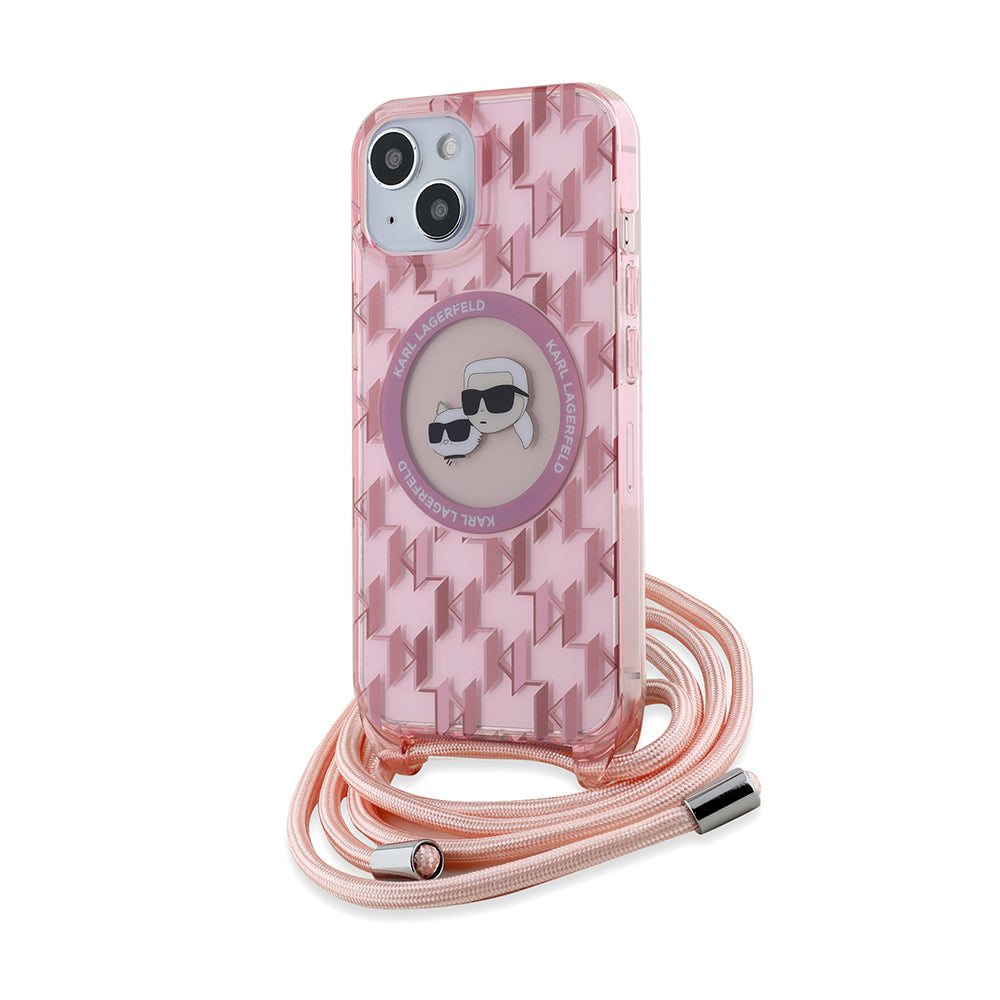 Futrola MagSafe za Apple iPhone 15, Karl Lagerfeld, IML Crossbody Monogram Karl & Choupette's Heads, Roza