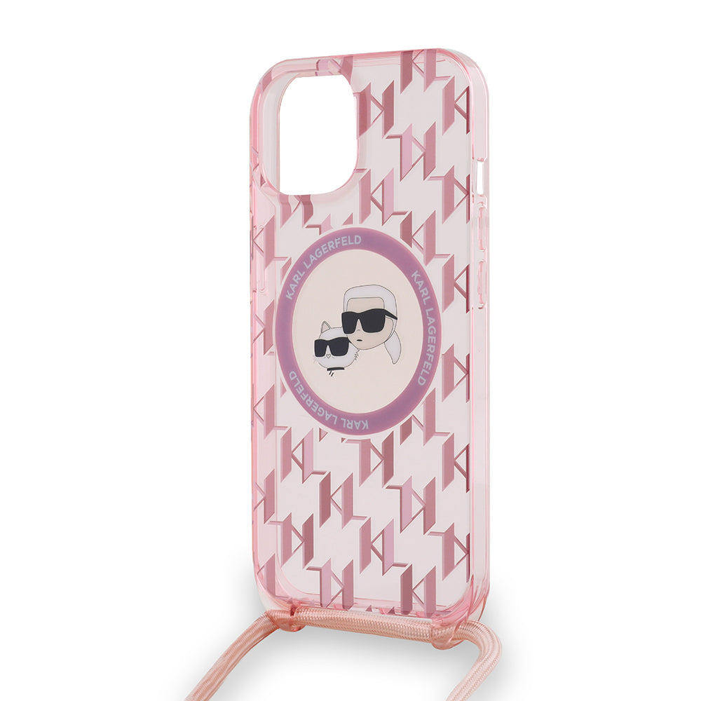 Futrola MagSafe za Apple iPhone 15, Karl Lagerfeld, IML Crossbody Monogram Karl & Choupette's Heads, Roza