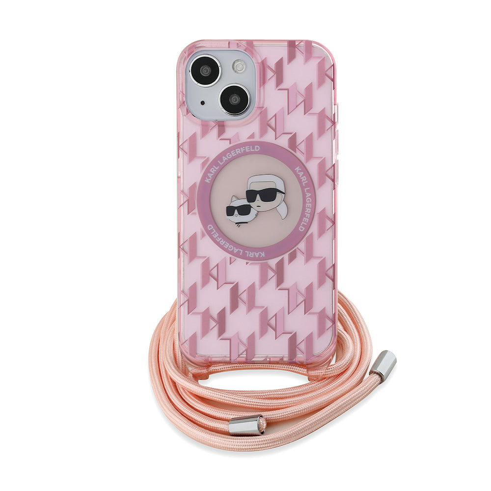 Futrola MagSafe za Apple iPhone 15, Karl Lagerfeld, IML Crossbody Monogram Karl & Choupette's Heads, Roza
