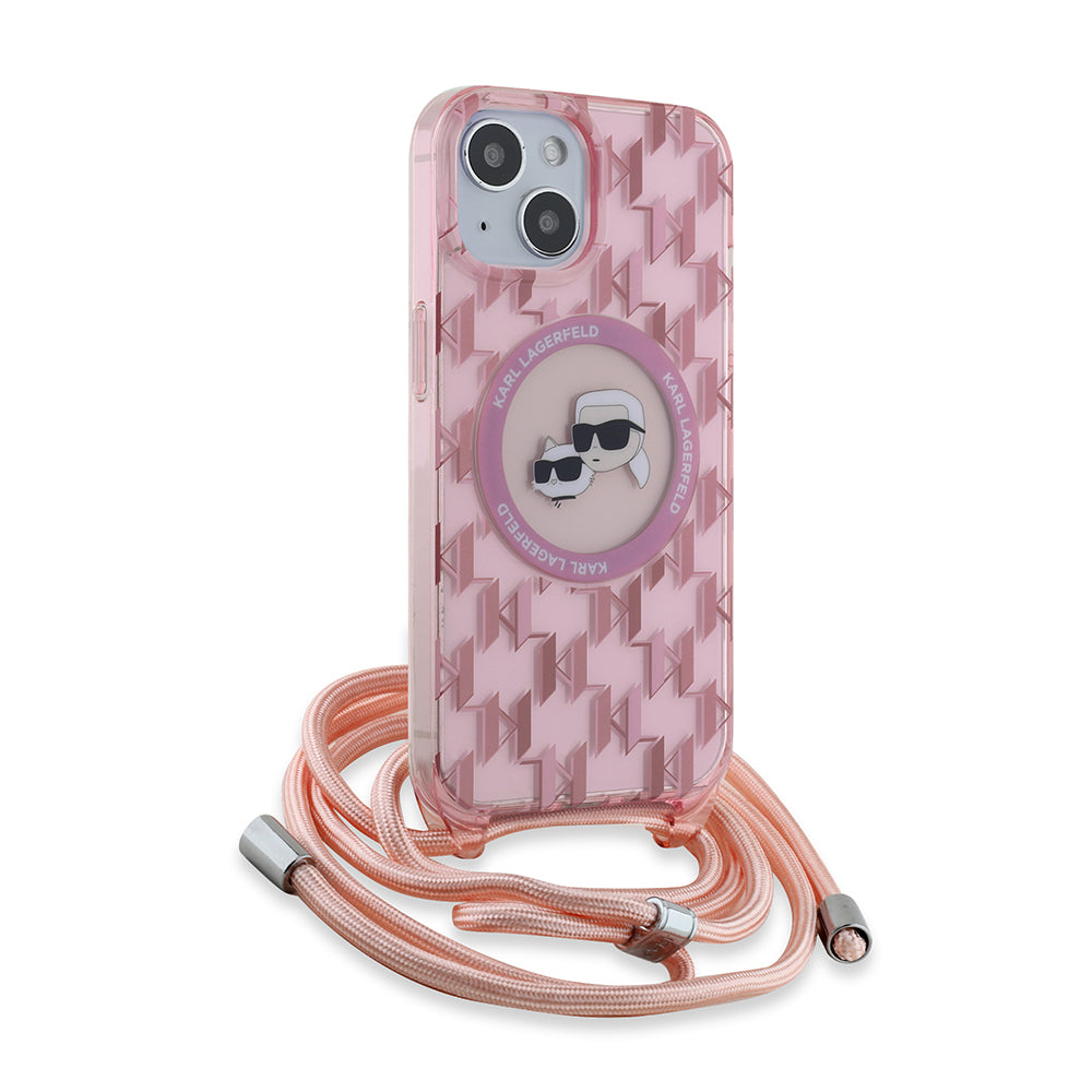 Futrola MagSafe za Apple iPhone 15, Karl Lagerfeld, IML Crossbody Monogram Karl & Choupette's Heads, Roza