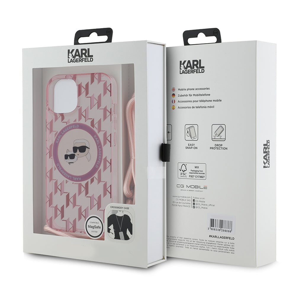 Futrola MagSafe za Apple iPhone 15, Karl Lagerfeld, IML Crossbody Monogram Karl & Choupette's Heads, Roza
