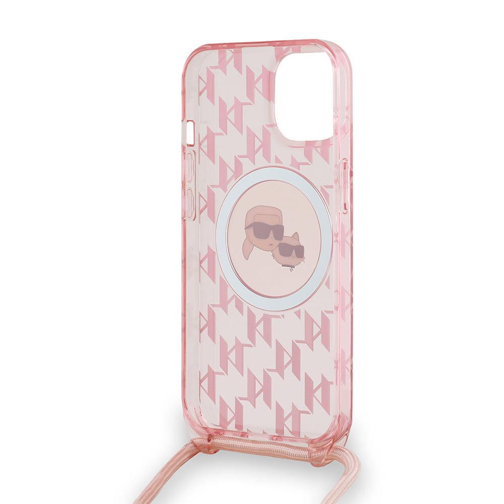 Futrola MagSafe za Apple iPhone 15, Karl Lagerfeld, IML Crossbody Monogram Karl & Choupette's Heads, Roza