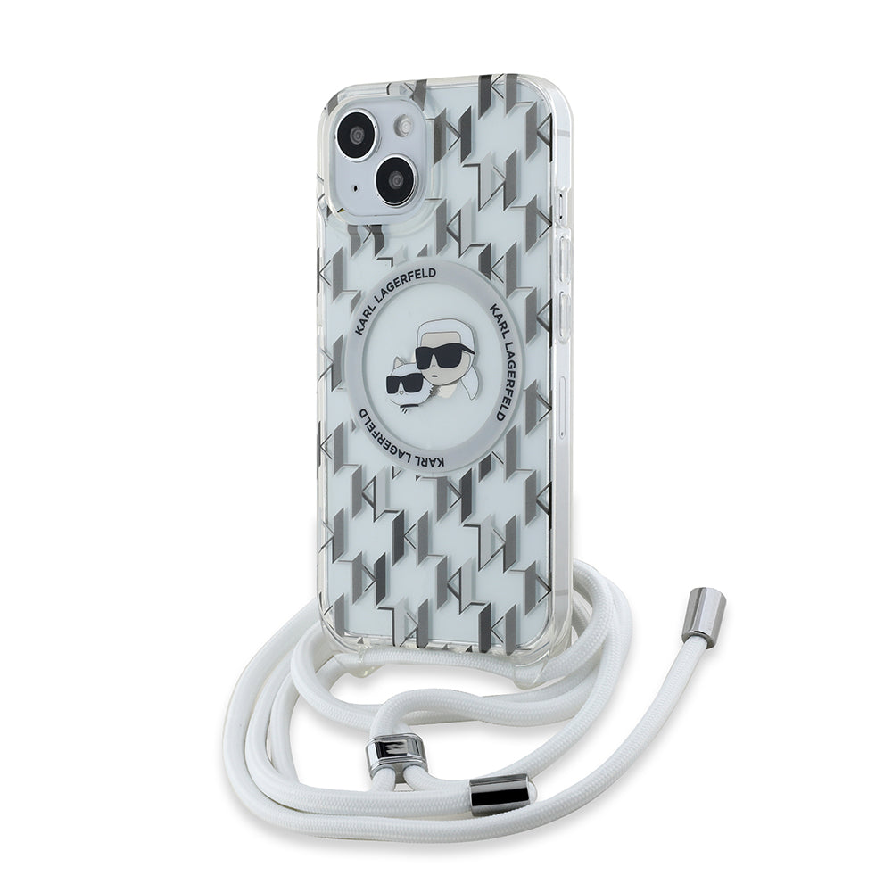 MagSafe futrola za Apple iPhone 15, Karl Lagerfeld, IML Crossbody Monogram Karl & Choupette's Heads, Prozirna