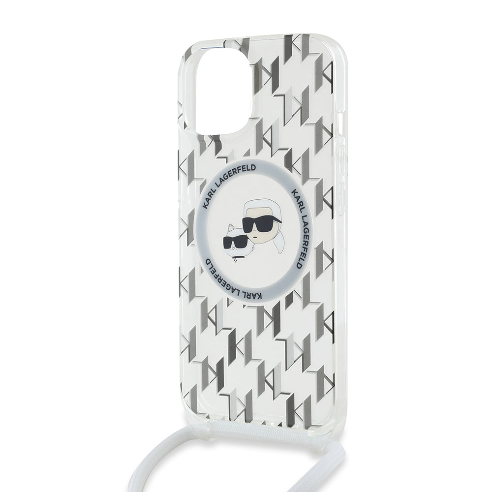 MagSafe futrola za Apple iPhone 15, Karl Lagerfeld, IML Crossbody Monogram Karl & Choupette's Heads, Prozirna