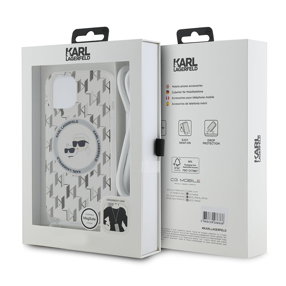 MagSafe futrola za Apple iPhone 15, Karl Lagerfeld, IML Crossbody Monogram Karl & Choupette's Heads, Prozirna