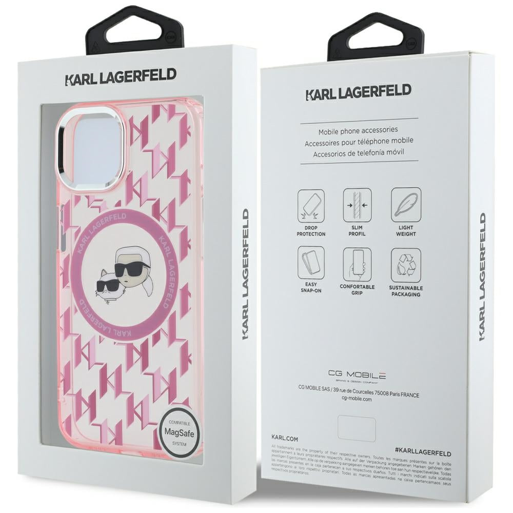 MagSafe futrola za Apple iPhone 15, Karl Lagerfeld, IML Monogram Karl & Choupette's Heads, Roza