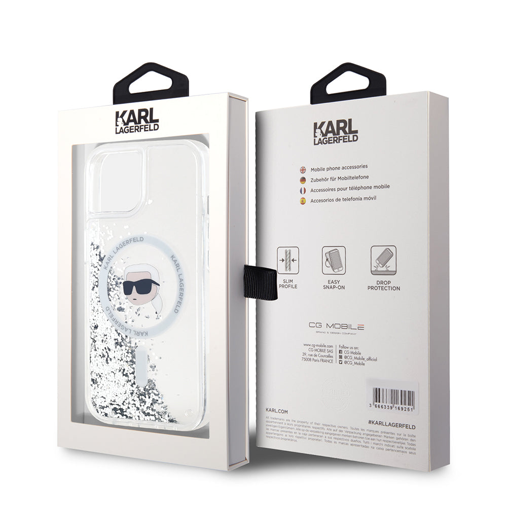 Futrola MagSafe za Apple iPhone 15, Karl Lagerfeld, Liquid Glitter Karl's Head, Prozirna