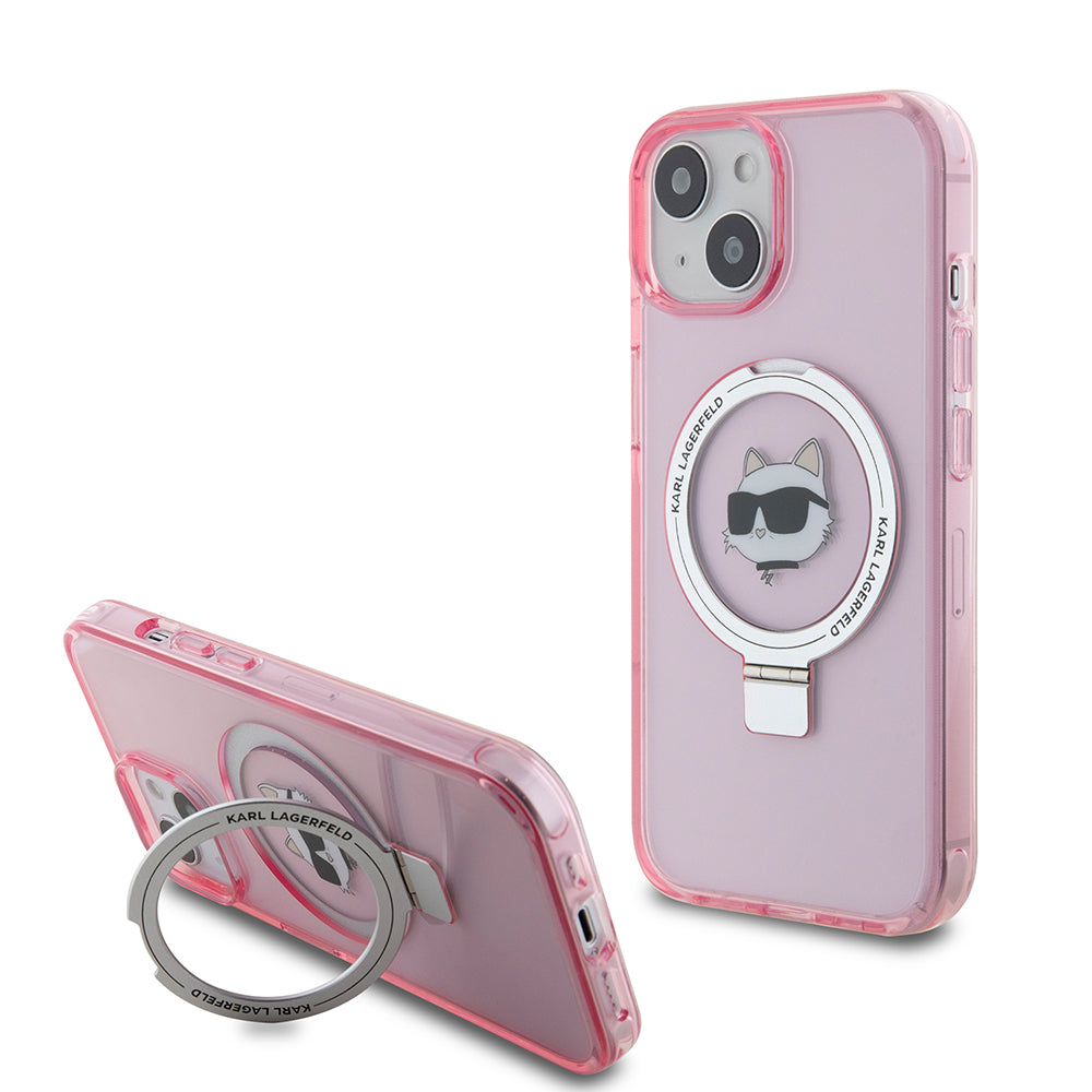 Husa MagSafe za Apple iPhone 15, Karl Lagerfeld, Ring Stand Choupette's Head, Roza