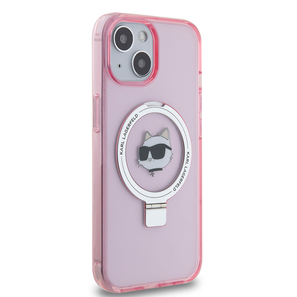Husa MagSafe za Apple iPhone 15, Karl Lagerfeld, Ring Stand Choupette's Head, Roza