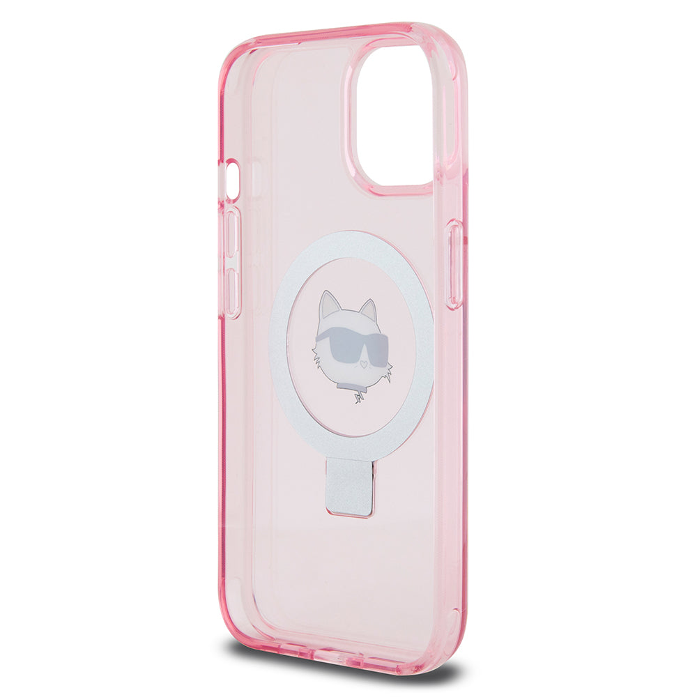 Husa MagSafe za Apple iPhone 15, Karl Lagerfeld, Ring Stand Choupette's Head, Roza