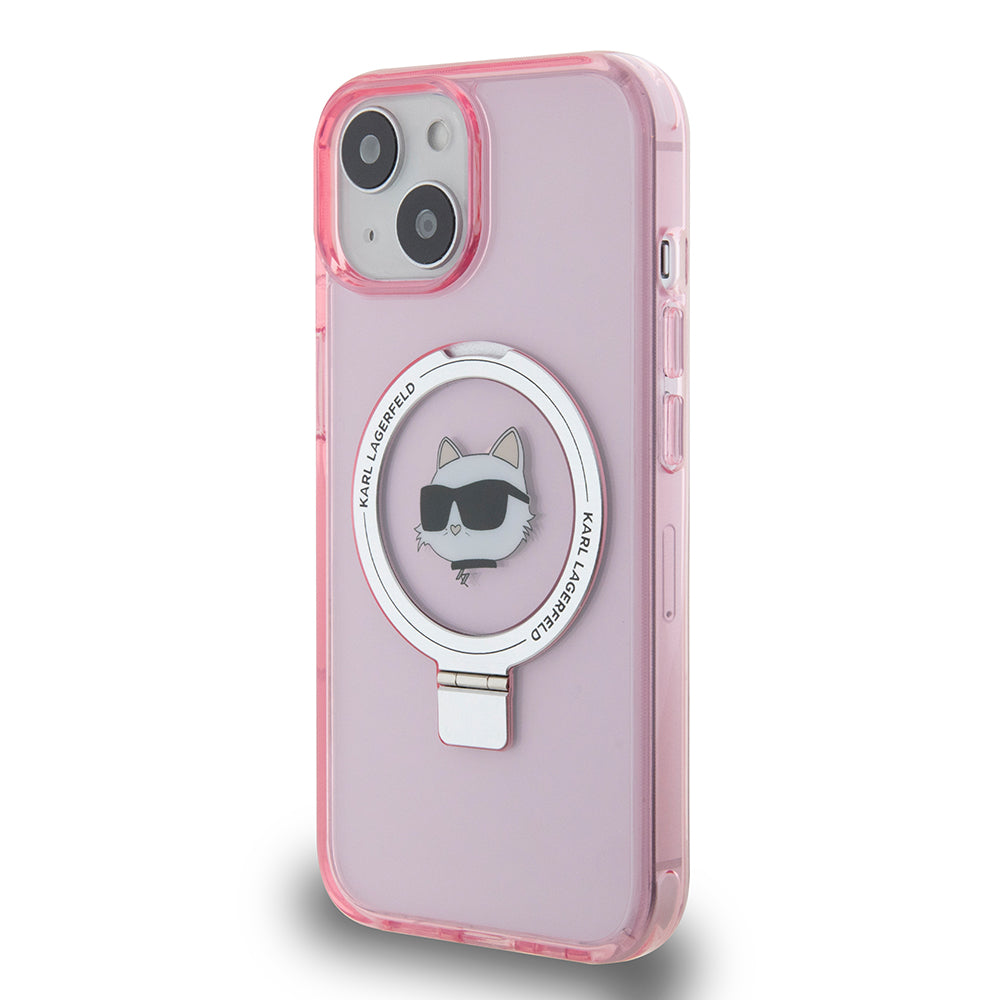 Husa MagSafe za Apple iPhone 15, Karl Lagerfeld, Ring Stand Choupette's Head, Roza