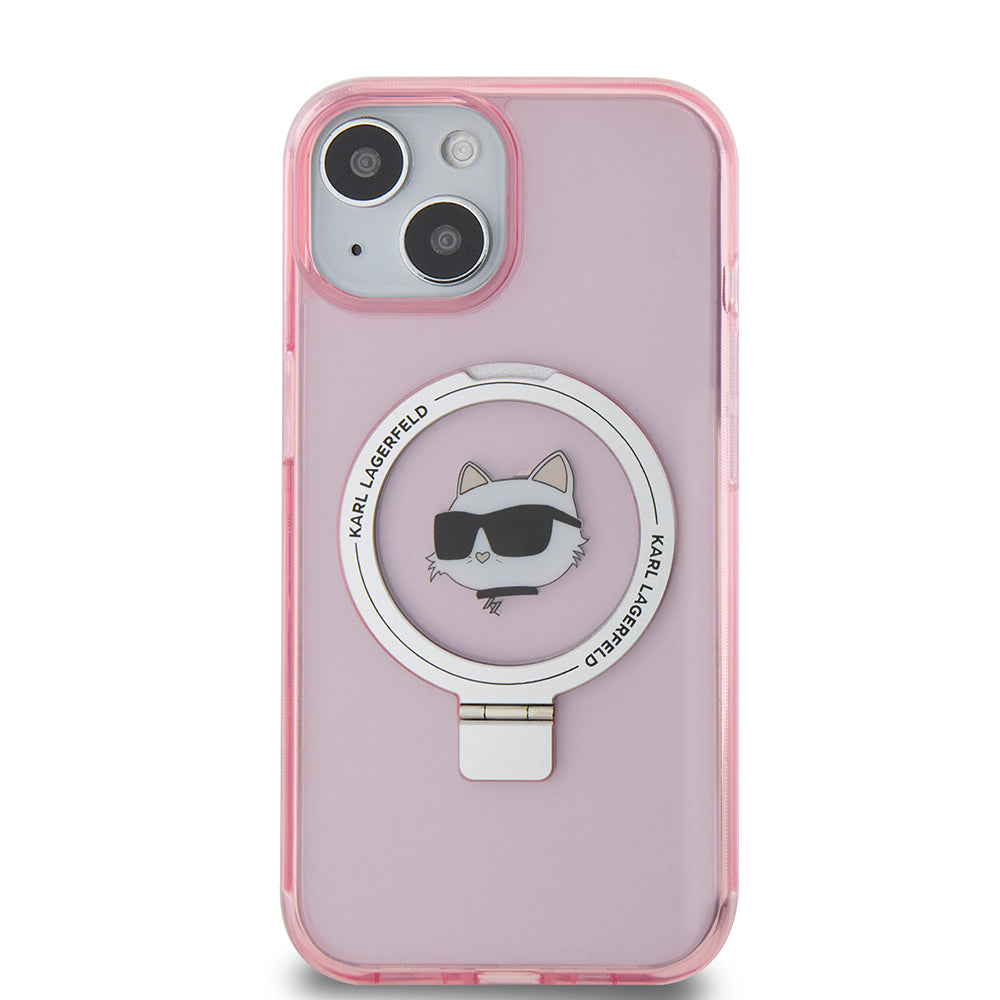 Husa MagSafe za Apple iPhone 15, Karl Lagerfeld, Ring Stand Choupette's Head, Roza