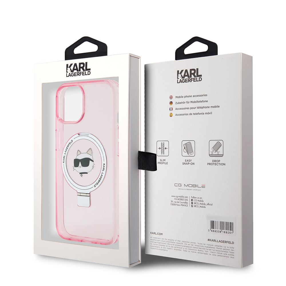 Husa MagSafe za Apple iPhone 15, Karl Lagerfeld, Ring Stand Choupette's Head, Roza