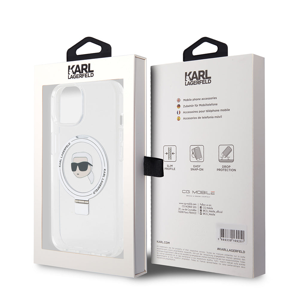 Futrola MagSafe za Apple iPhone 15, Karl Lagerfeld, Ring Stand Karl's Head, Bijela