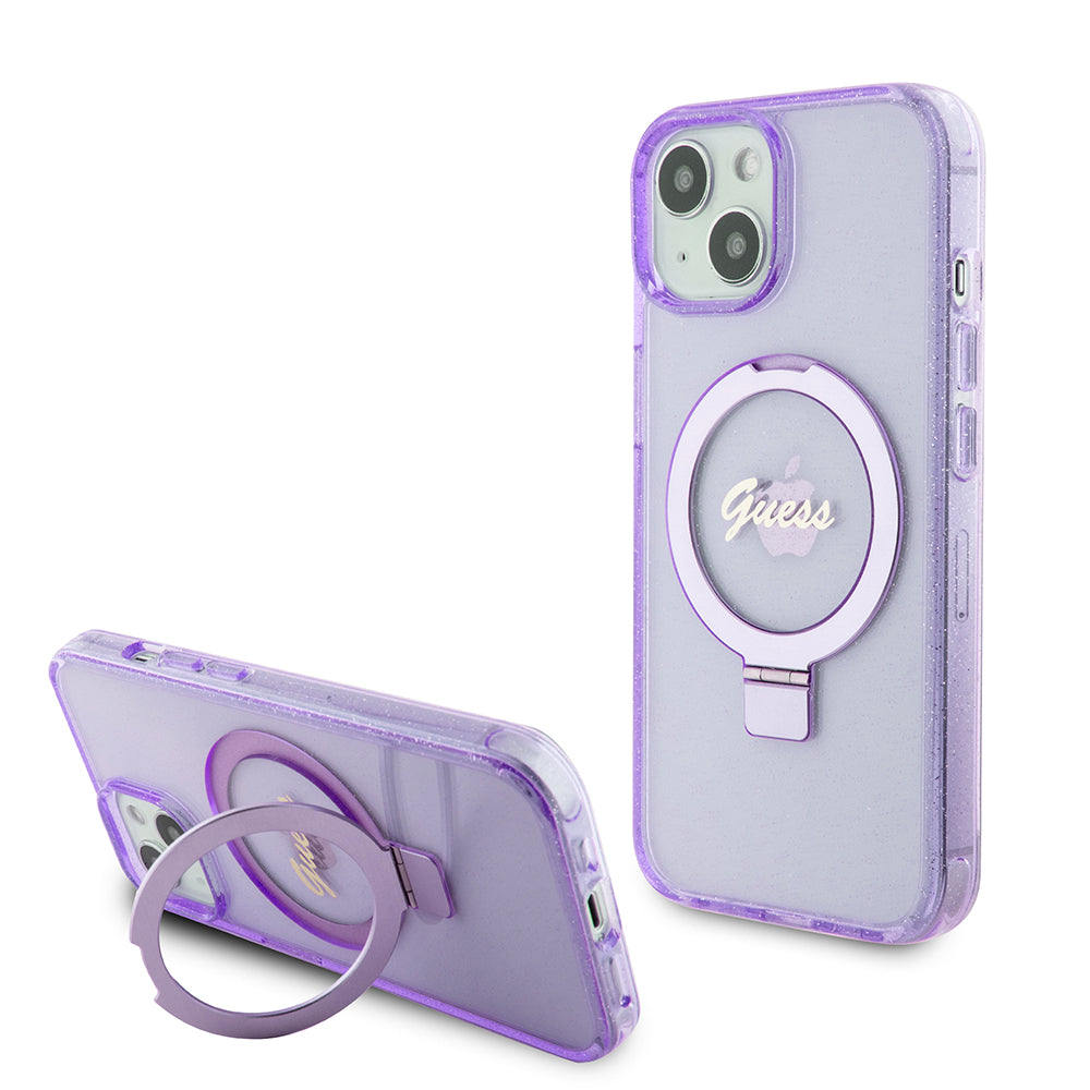 Futrola MagSafe za Apple iPhone 15 Plus, Guess, Ring Stand Script Glitter, Ljubičasta