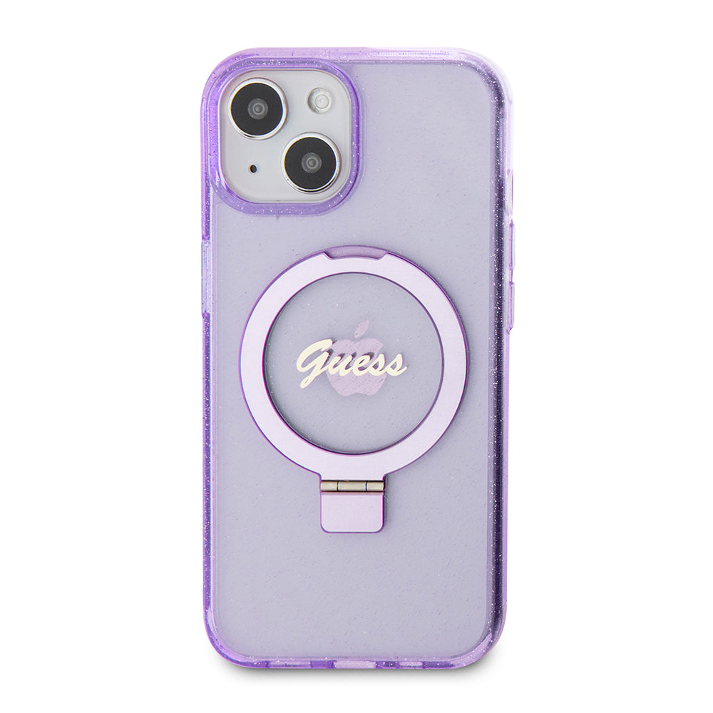 Futrola MagSafe za Apple iPhone 15 Plus, Guess, Ring Stand Script Glitter, Ljubičasta