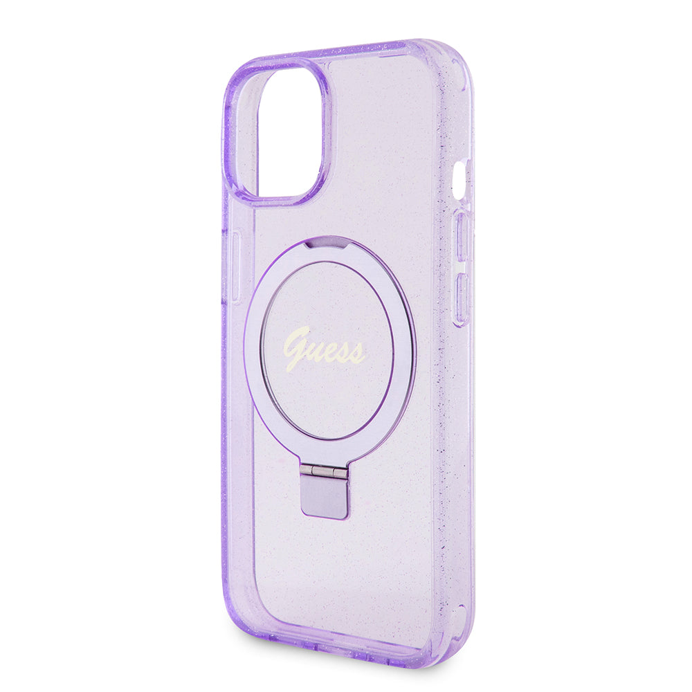 Futrola MagSafe za Apple iPhone 15 Plus, Guess, Ring Stand Script Glitter, Ljubičasta