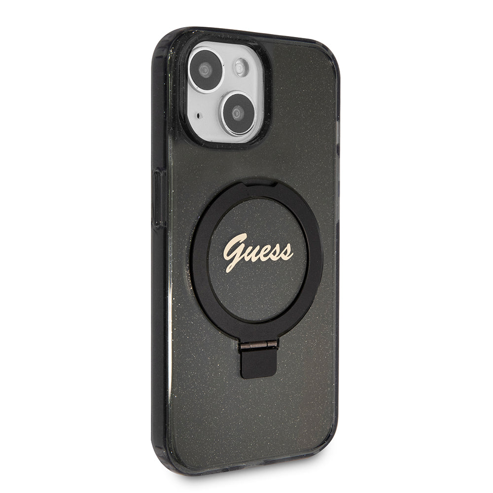Futrola MagSafe za Apple iPhone 15 Plus, Guess, Ring Stand Script Glitter, Crna