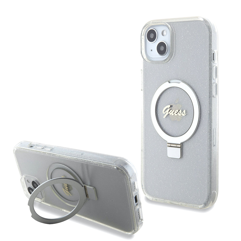 Futrola MagSafe za Apple iPhone 15 Plus, Guess, Ring Stand Script Glitter, Prozirna