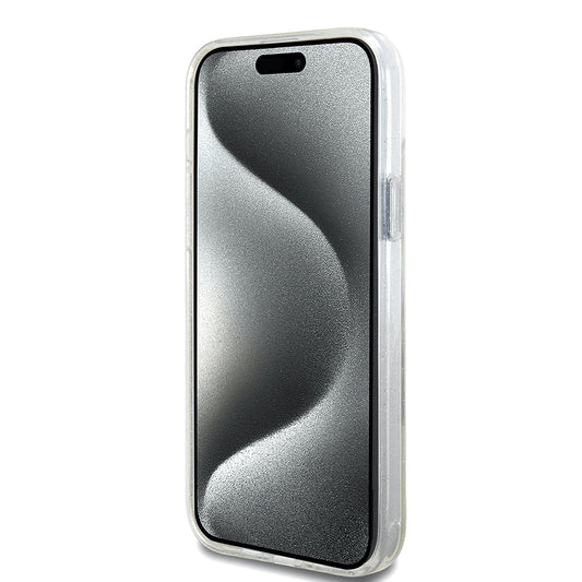 Futrola MagSafe za Apple iPhone 15 Plus, Guess, Ring Stand Script Glitter, Prozirna
