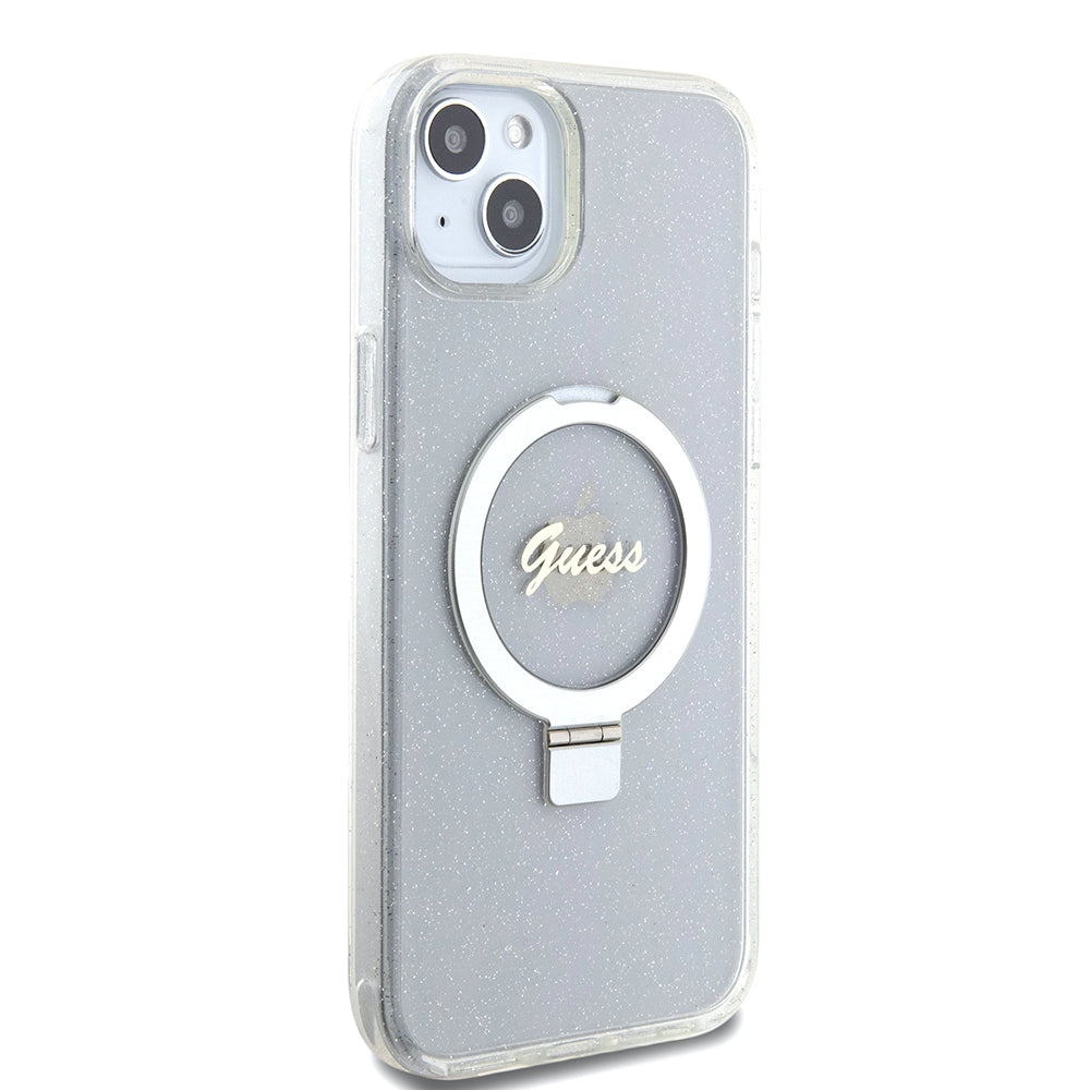 Futrola MagSafe za Apple iPhone 15 Plus, Guess, Ring Stand Script Glitter, Prozirna