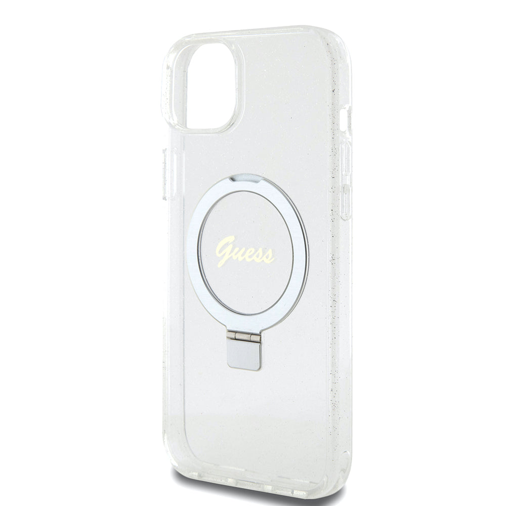 Futrola MagSafe za Apple iPhone 15 Plus, Guess, Ring Stand Script Glitter, Prozirna