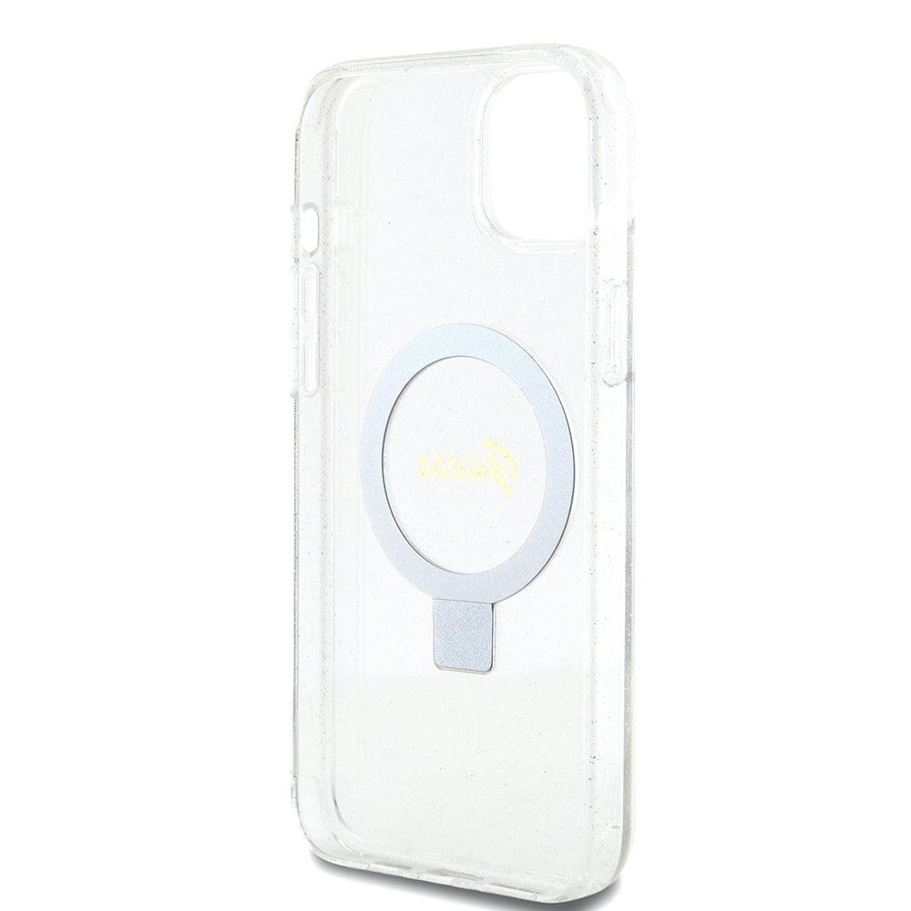Futrola MagSafe za Apple iPhone 15 Plus, Guess, Ring Stand Script Glitter, Prozirna