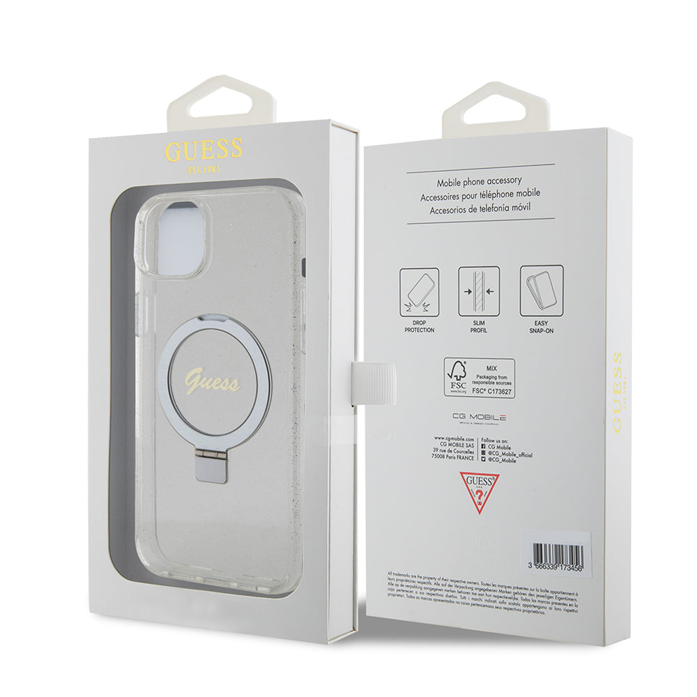 Futrola MagSafe za Apple iPhone 15 Plus, Guess, Ring Stand Script Glitter, Prozirna