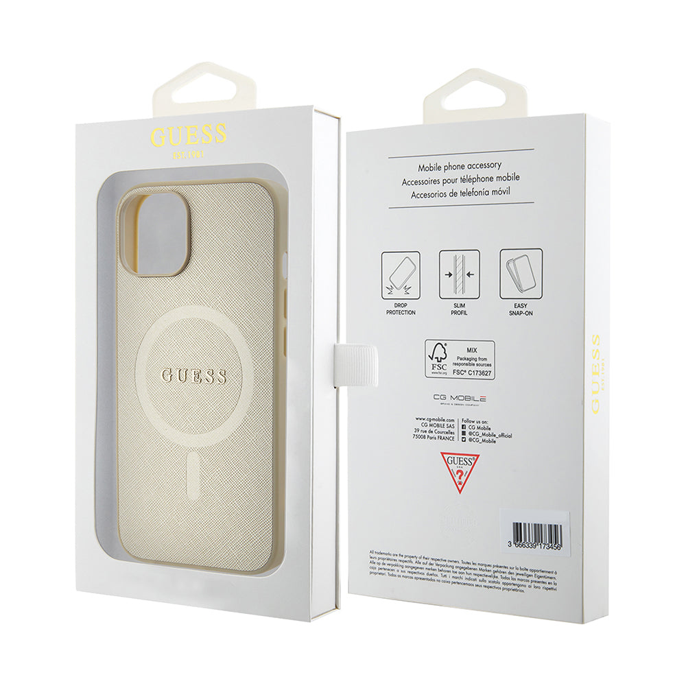Futrola MagSafe za Apple iPhone 15 Plus, Guess, Saffiano, Zlatna