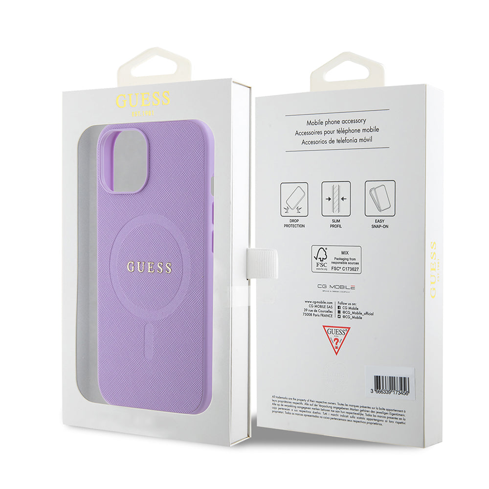 Futrola MagSafe za Apple iPhone 15 Plus, Guess, Saffiano, Ljubičasta