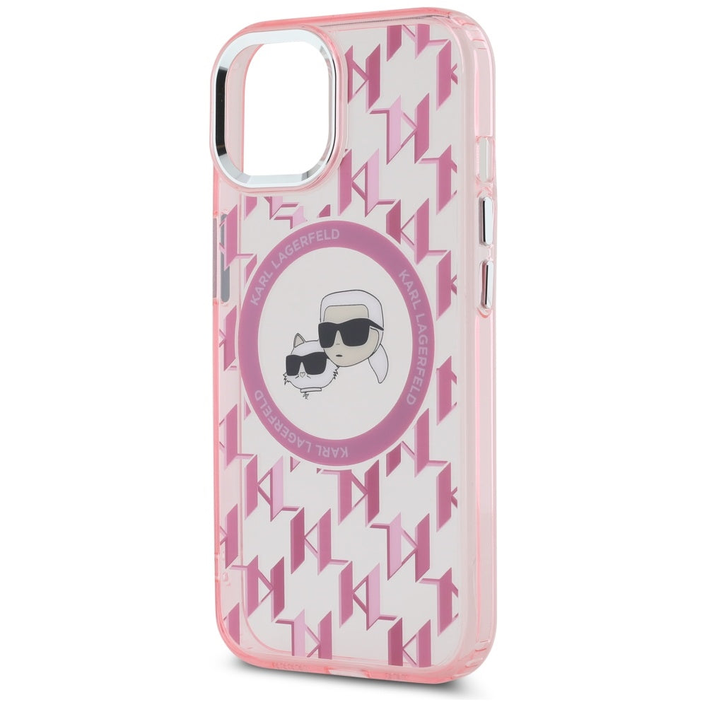 Futrola MagSafe za Apple iPhone 15 Plus, Karl Lagerfeld, IML Monogram Karl & Choupette's Heads, Roza