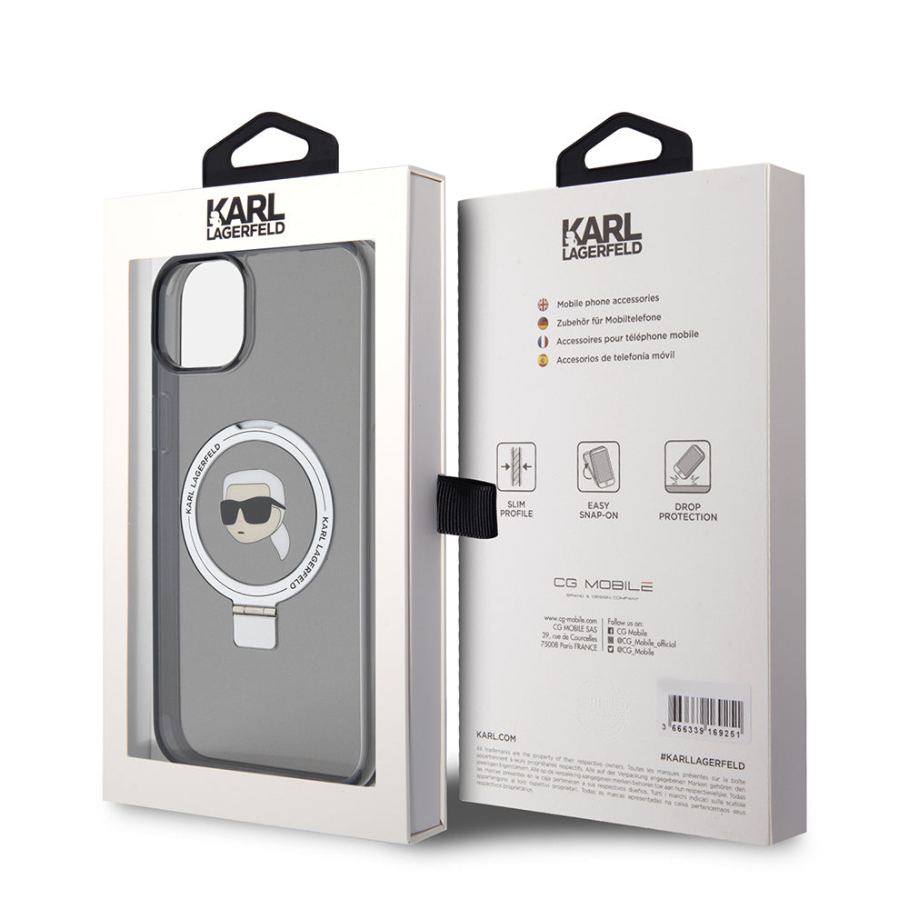 Futrola MagSafe za Apple iPhone 15 Plus, Karl Lagerfeld, Ring Stand Karl's Head, Crna
