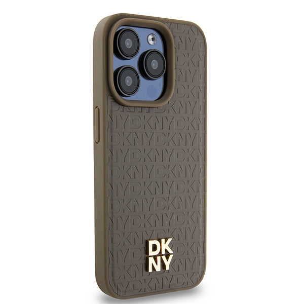 Futrola MagSafe za Apple iPhone 15 Pro, DKNY, Monogram uzorak metalni logo, smeđa