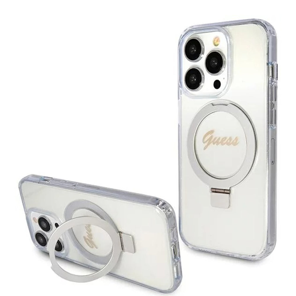 Futrola MagSafe za Apple iPhone 15 Pro, Guess, IML Ring Stand Glitter, Prozirna