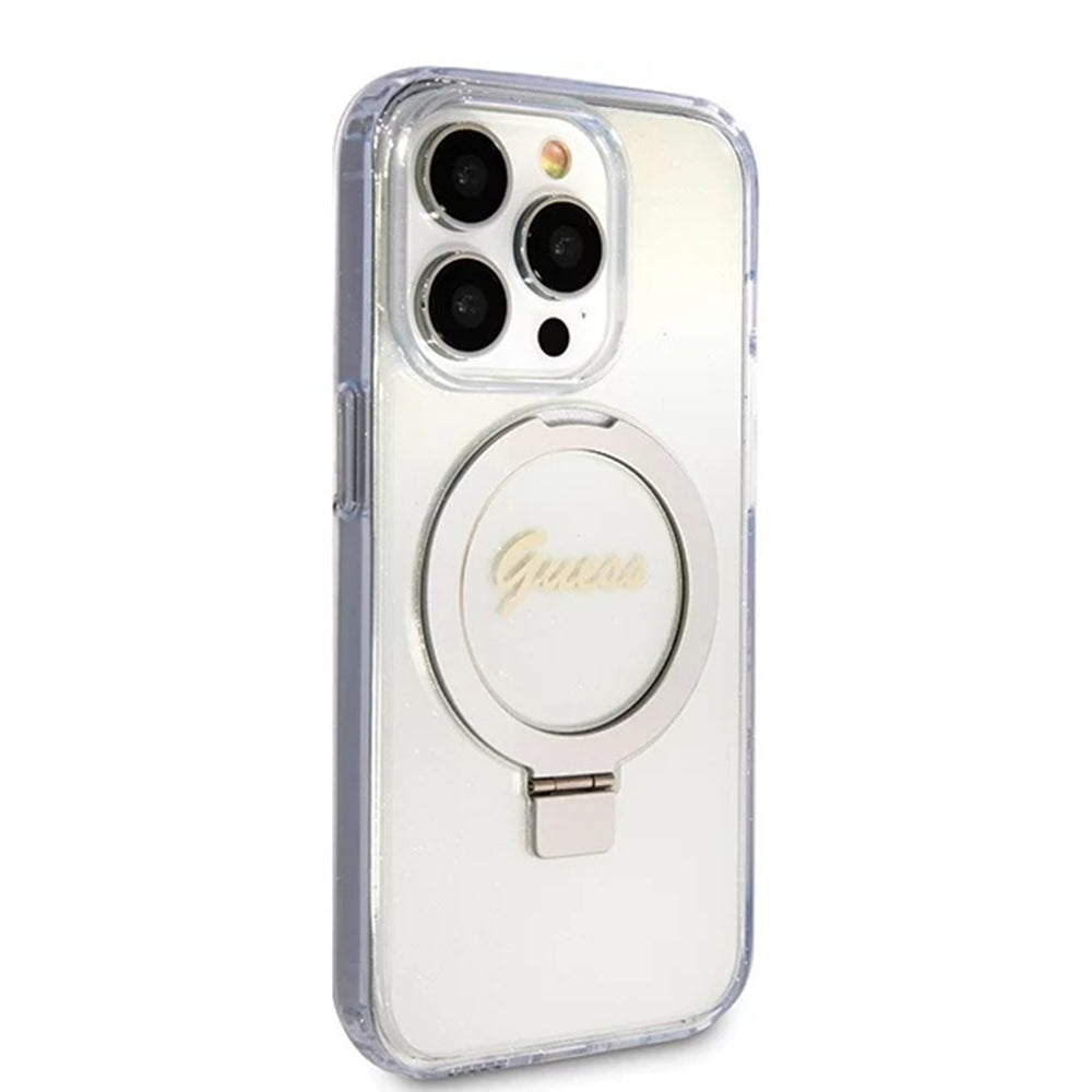 Futrola MagSafe za Apple iPhone 15 Pro, Guess, IML Ring Stand Glitter, Prozirna